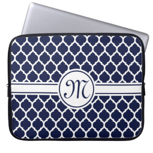 Designer Navy Monogrammed Moroccan Lattice Pattern Laptop Sleeve