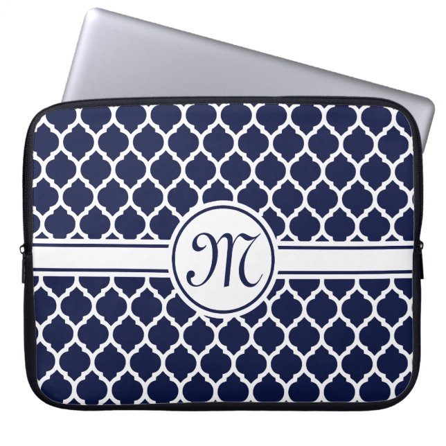 Designer Navy Monogrammed Moroccan Lattice Pattern Laptop Sleeve (Front)