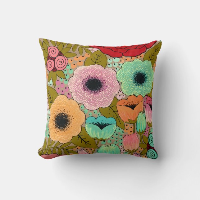 Designer Painted Floral Flowers Painting Fabric Cushion (Front)