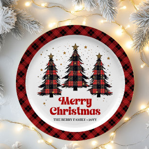 Designer Plaid Christmas Tree Custom Name Paper  Plate