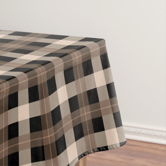Designer plaid / tartan pattern brown and black tablecloth (In Situ)