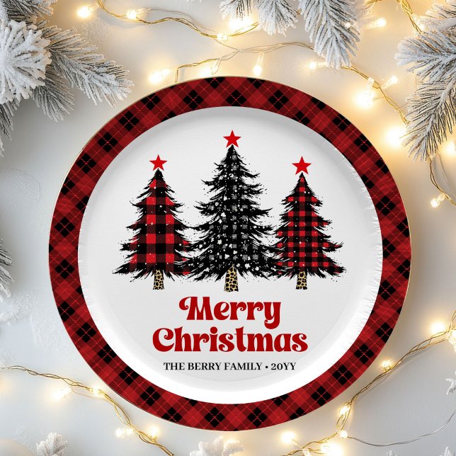 Designer Plaid Tree Holiday Custom Name Paper  Plate (Designer Plaid Tree Holiday Custom Name Paper Plates)