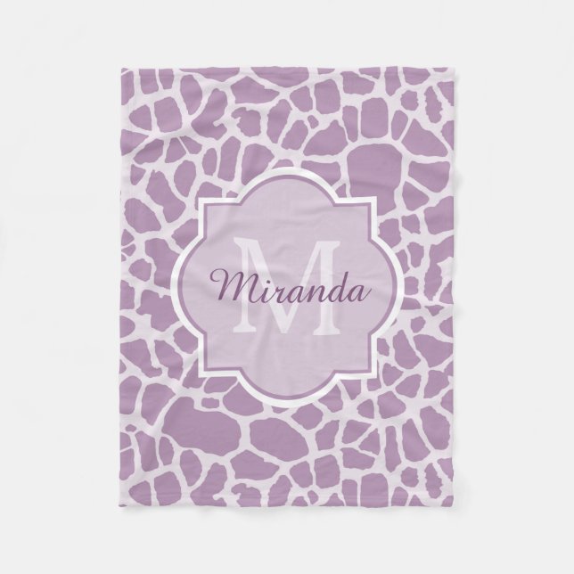 Designer Purple Monogram Giraffe Print and Name Fleece Blanket (Front)