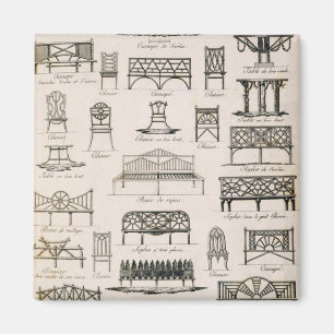 Designs for garden seats, from 'A Compendium of Dr Magnet