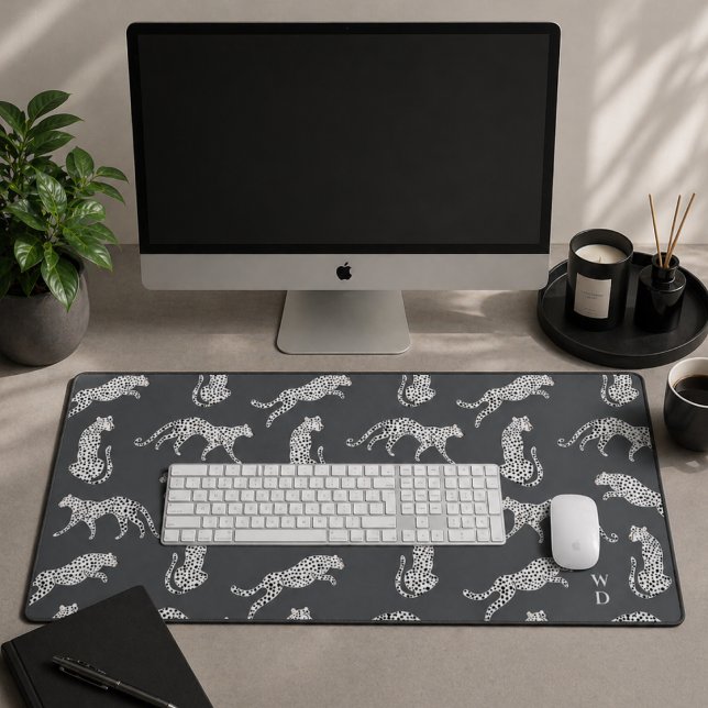 Desk Mat | Cheetah Pattern Office Desk Mats (A stylish cheetah pattern desk mat with fashion led appeal and monogram initials.)