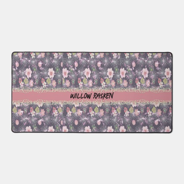 Desk Mat with Pink Flowers & Faux Lace (Front)