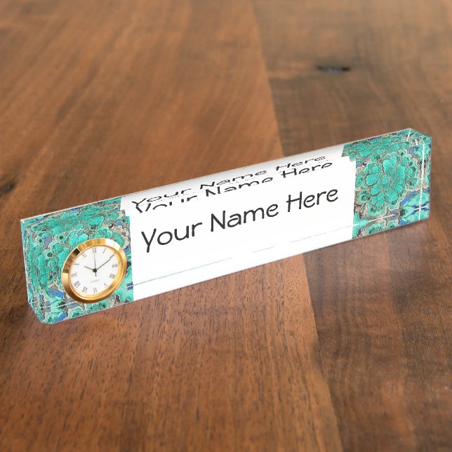 Desk Name Plate w/ Clock Option Azurite Malachite (Side)