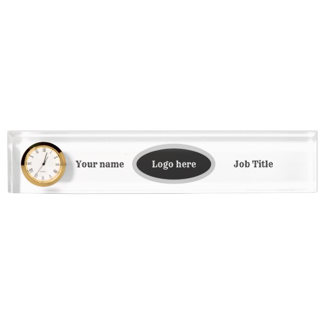 Desk Name Plate with clock. Editable text & logo (Front)