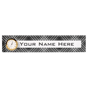 Desk Nameplate with Clock/Black and White Plaid