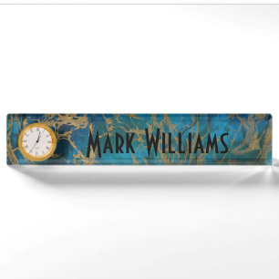Desk Nameplate with Clock/Blue and Gold Marble