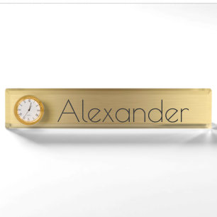 Desk Nameplate with Clock/Gold