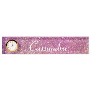 Desk Nameplate with Clock/Pink Glitter