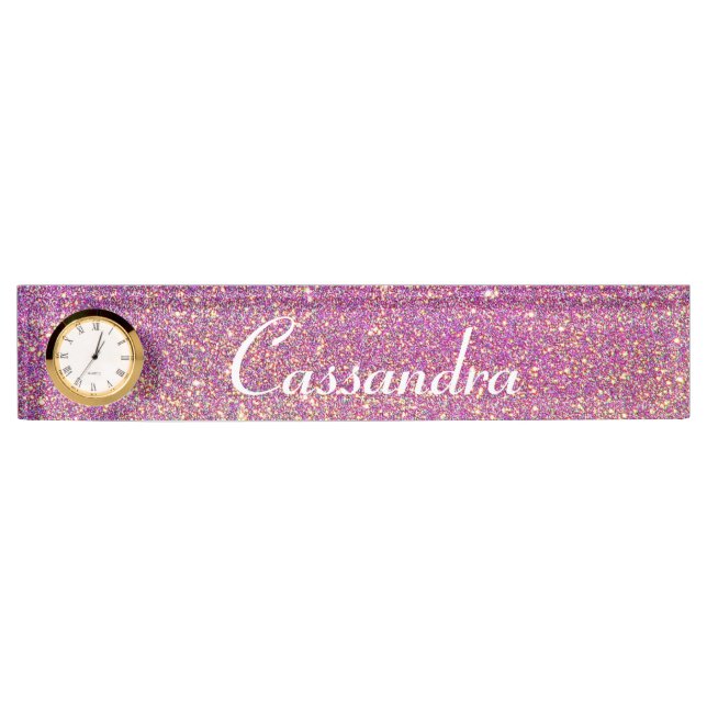 Desk Nameplate with Clock/Pink Glitter (Front)