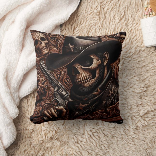 Desperado Death: Gun-Wielding Skull in Cowboy Hat Cushion (Blanket)