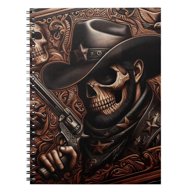 Desperado Death: Gun-Wielding Skull in Cowboy Hat Notebook (Front)