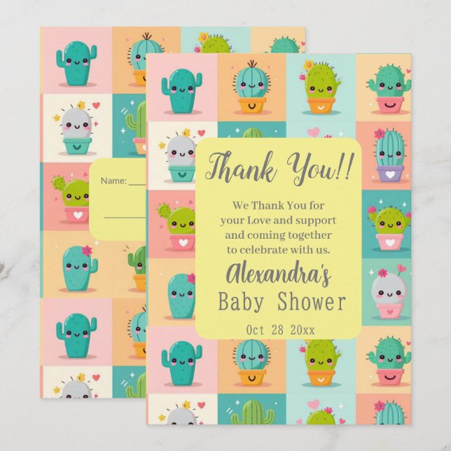 Dessert cactus & Succulent Cute Kawaii Baby Shower Thank You Card (Front/Back)