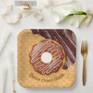 Dessert,Doughnut Choco Glaze, Chocolate Melted Paper Plate