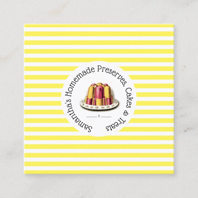 Dessert jelly on yellow white stripes chic pudding square business card (Front)