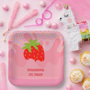 Dessert, Strawberry Ice Cream, Rainbow Sprinkle Paper Plate