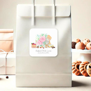 Desserts With Mixer And Roses Baked With Love Square Sticker