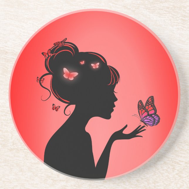 Dessous De Verre En Grès La femme papillons rouges Coaster (Front)