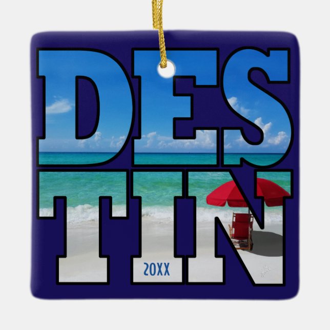 Destin FL Beach Umbrella Typography Use Own Photo Ceramic Ornament (Front)