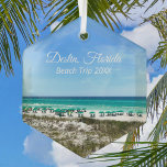 Destin Florida Beach Trip Ocean Keepsake Christmas Glass Tree Decoration<br><div class="desc">This beautiful Destin Florida beach vacation keepsake Christmas ornament features the pretty blue green ocean waters of Sandestin along the coast. Pretty teal and blue umbrellas line the summer seashore in front of the sea grass. Lovely white cursive script for my favourite seaside city along the emerald coast. Customise with...</div>