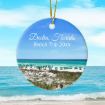 Destin Florida Beach Vacation Keepsake Christmas Ceramic Ornament<br><div class="desc">This beautiful Destin Florida beach vacation keepsake Christmas ornament features the pretty blue green ocean waters of Sandestin along the coast. Pretty teal and blue umbrellas line the summer seashore in front of the sea grass. Lovely white cursive script for my favourite seaside city along the emerald coast. Customise with...</div>