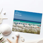 Destin Florida Beautiful Beach Photograph Postcard<br><div class="desc">This beautiful Destin Florida beach postcard features the pretty blue green ocean waters of Sandestin along the coastline. The colourful umbrellas remind beachgoers how wonderful it is to lay in the sun on a serene day in the summer. Lovely white cursive script for my favourite seaside city along the emerald...</div>