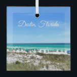 Destin Florida Coast Beach Umbrellas Photography Glass Tree Decoration<br><div class="desc">This beautiful Destin Florida beach Christmas ornament features the pretty blue green ocean waters of Sandestin along the coast. Pretty teal and blue umbrellas line the summer seashore in front of the sea grass. Lovely white cursive script for my favorite seaside city along the emerald coast.</div>