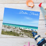 Destin Florida Coast Beach Umbrellas Photography Postcard<br><div class="desc">This beautiful Destin Florida beach postcard features the pretty blue green ocean waters of Sandestin along the coast. Pretty teal and blue umbrellas line the summer seashore in front of the sea grass. Lovely white cursive script for my favourite seaside city along the emerald coast.</div>