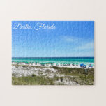 Destin Florida Coast Beach Umbrellas Pretty Custom Jigsaw Puzzle<br><div class="desc">This beautiful Destin Florida beach puzzle features the pretty blue green ocean waters of Sandestin along the coast. Pretty teal and blue umbrellas line the summer seashore in front of the sea grass. Lovely white cursive script for my favourite seaside city along the emerald coast.</div>