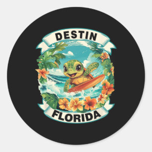 Destin Florida Cute Sea Turtle Surfing Summer Vaca Classic Round Sticker