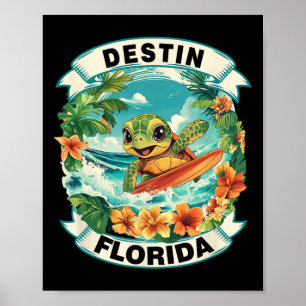 Destin Florida Cute Sea Turtle Surfing Summer Vaca Poster
