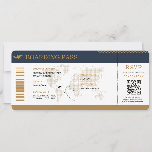 Destination Boarding Pass Wedding Plane Ticket Invitation (Front)