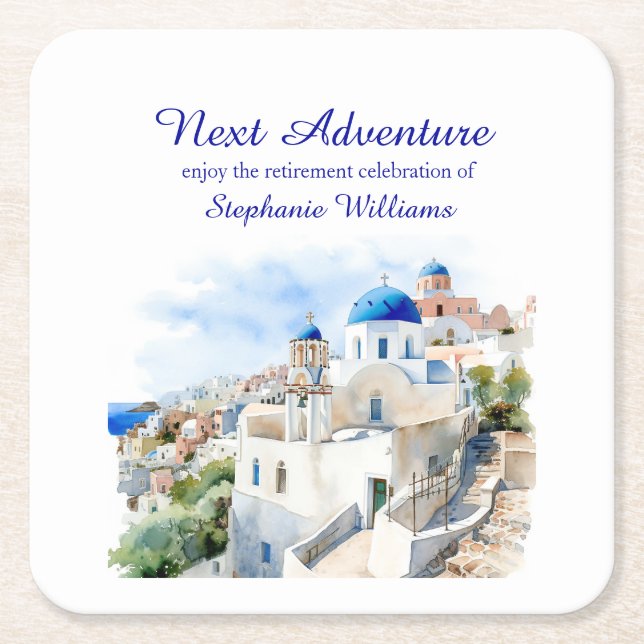Destination Greece island Retirement Party  Square Paper Coaster (Front)