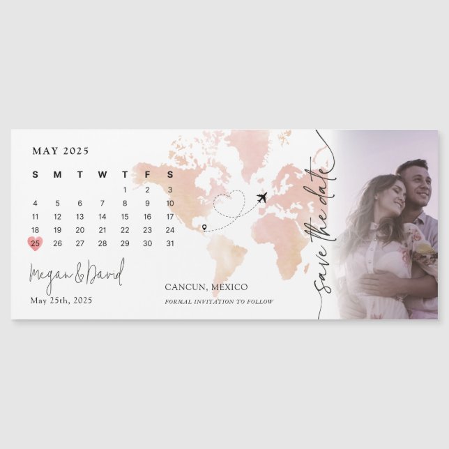 Destination Map Calendar Heart Photo Save the Date Magnetic Invitation (Front)