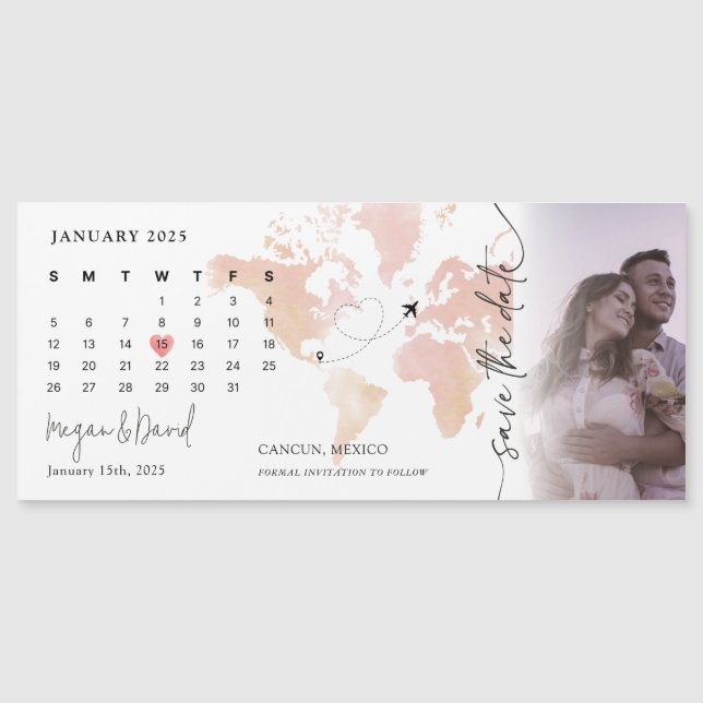 Destination Map Calendar Heart Photo Save the Date Magnetic Invitation (Front)
