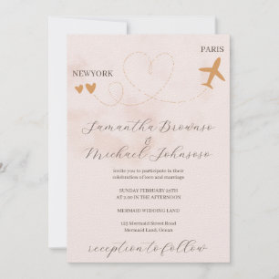 Destination plane flight abroad Pink wedding Invitation