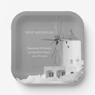Destination Retirement Party Greek White Blue Paper Plate