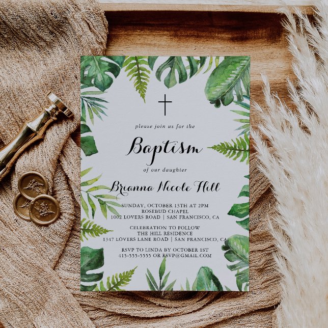 Destination Tropical Greenery Calligraphy Baptism Invitation (Creator Uploaded)