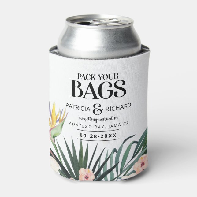 Destination Tropical Wedding Save The Date Can Cooler (Can Front)
