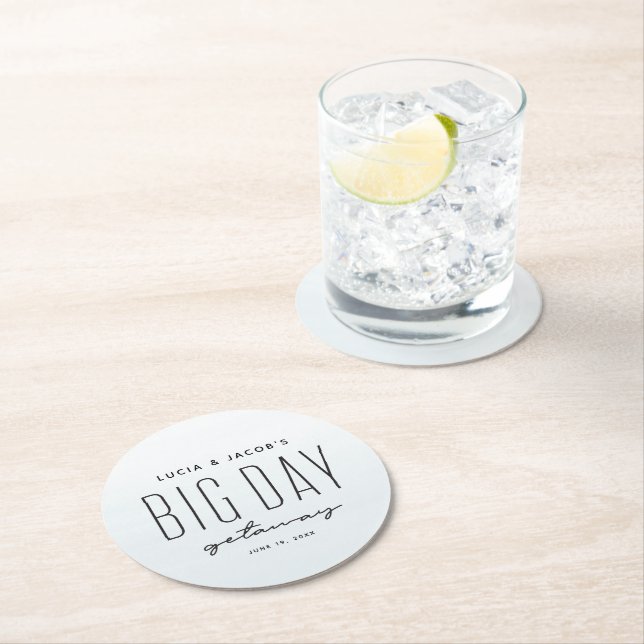 Destination wedding big day getaway ocean blue round paper coaster (Insitu)