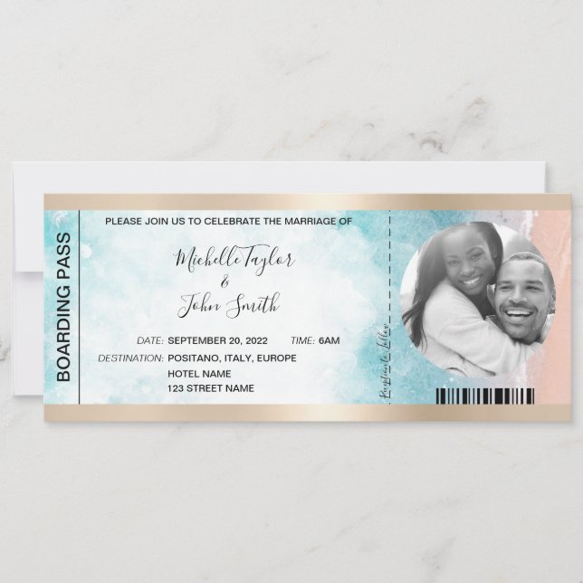 Destination Wedding Boarding Pass Beach Ocean Invi Invitation (Front)