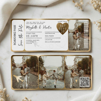 Destination Wedding Boarding Pass Gold Ticket QR Invitation