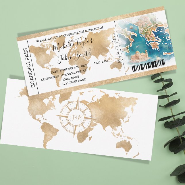 Destination Wedding Boarding Pass Greece Invitation (illustrated watercolor map of greece)