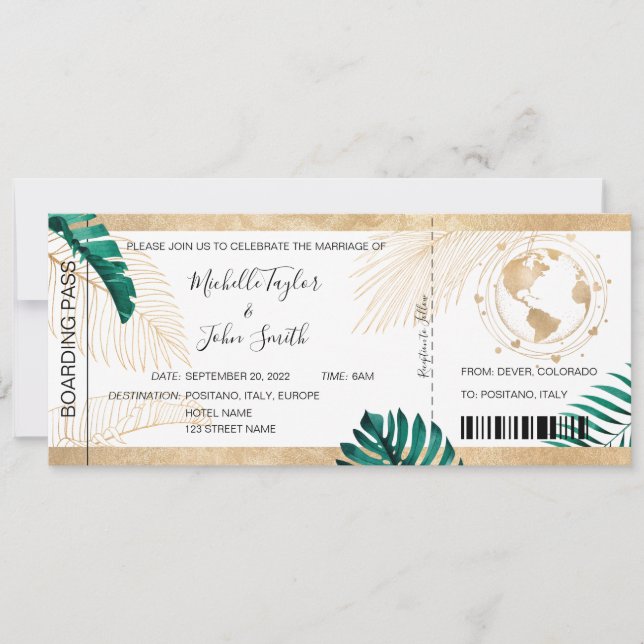 Destination Wedding Boarding Pass Heart World Map Invitation (Front)