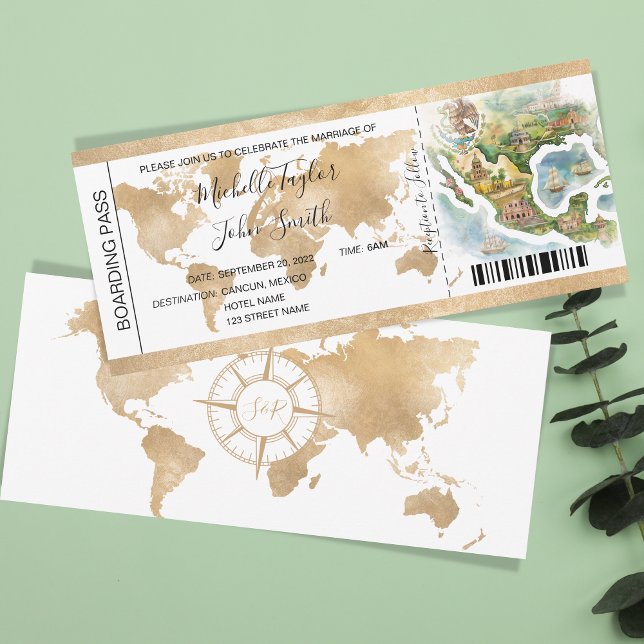 Destination Wedding Boarding Pass Mexico Invitation (watercollor illustrated map of mexico, boarding pass)