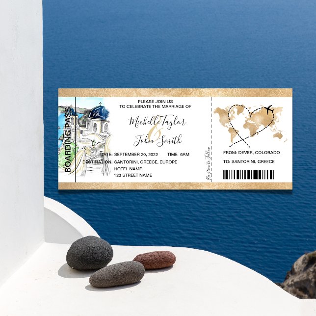Destination Wedding Boarding Pass Santorini Greece Invitation (Creator Uploaded)