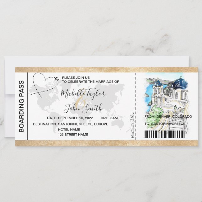 Destination Wedding Boarding Pass Santorini Greece Invitation (Front)